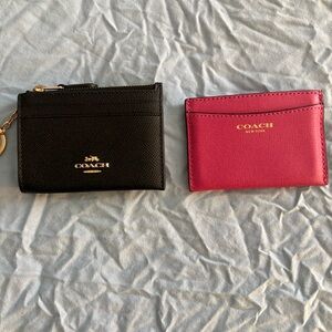 Coach Card Holder Bundle Black Zip Key Ring Wallet + Pink Slim Card Case